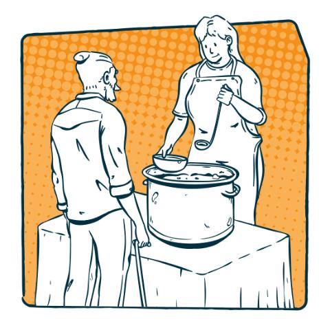 Eine erwachsene Frau reicht einem erwachsenen Mann einen Teller Suppe