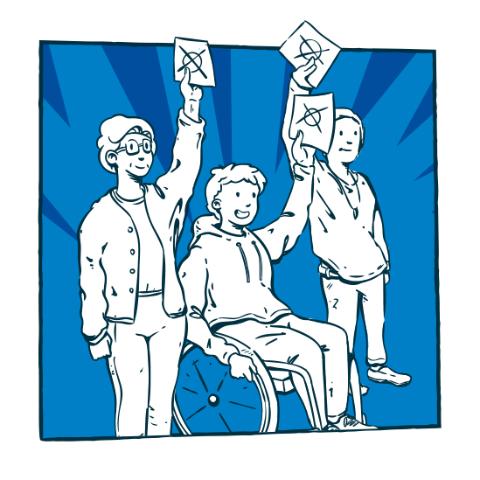 Eine Gruppe von drei Personen, von denen die mittlere Person im Rollstuhl sitzt, heben Abstimmungskarten in die Höhe