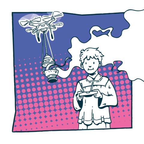 Ein Ministrant lässt eine Drohne fliegen, an der ein Weihrauchfass hängt