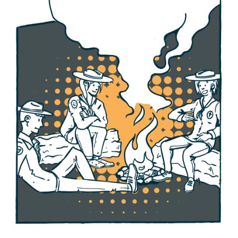 Drei Personen sitzen um ein Lagerfeuer